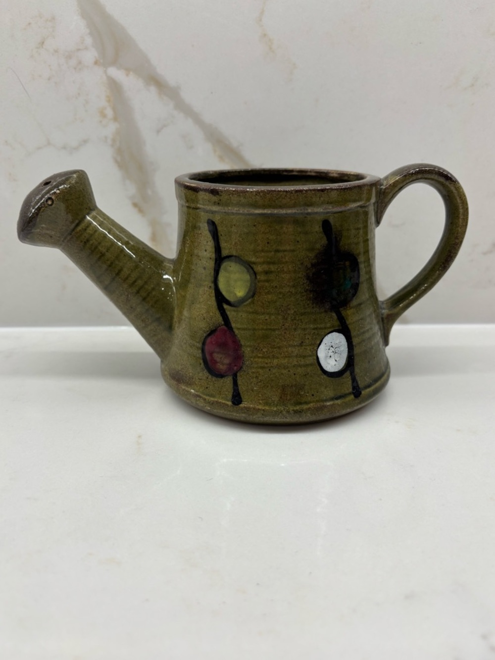 Vintage Ceramic Olive Green with Circular Design Watering Can Planter Japan